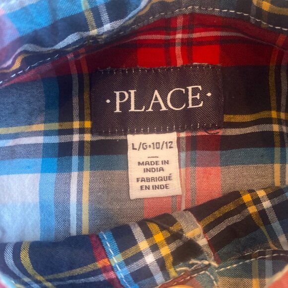 Boys Childrens Place Red Plaid Button Up Long Sleeve Shirt Size L 10/12 Pocket - Picture 6 of 6